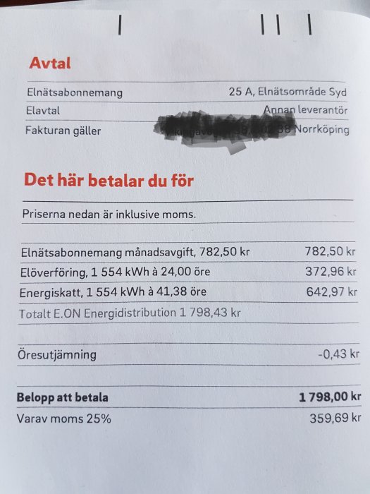 Elnätsfaktura som visar avgifter och kostnader för elanvändning på 1 554 kWh med en totalsumma på 1 798,00 kr.