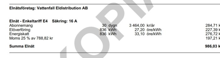 Del av en elräkning från Vattenfall visar enkeltariff, förbrukning och kostnad inklusive moms.
