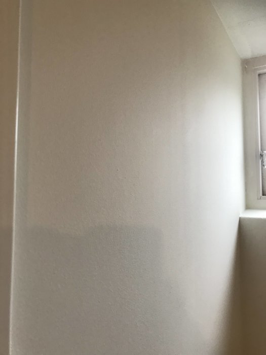 Ojämnt spacklad och målad källarvägg med synliga fläckar och ojämnheter i ytan.