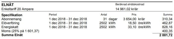 Fakturadetaljer för elnätstjänster med specifikation av abonnemang, elöverföring och energiskatt för perioden 1 dec - 31 dec 2018.