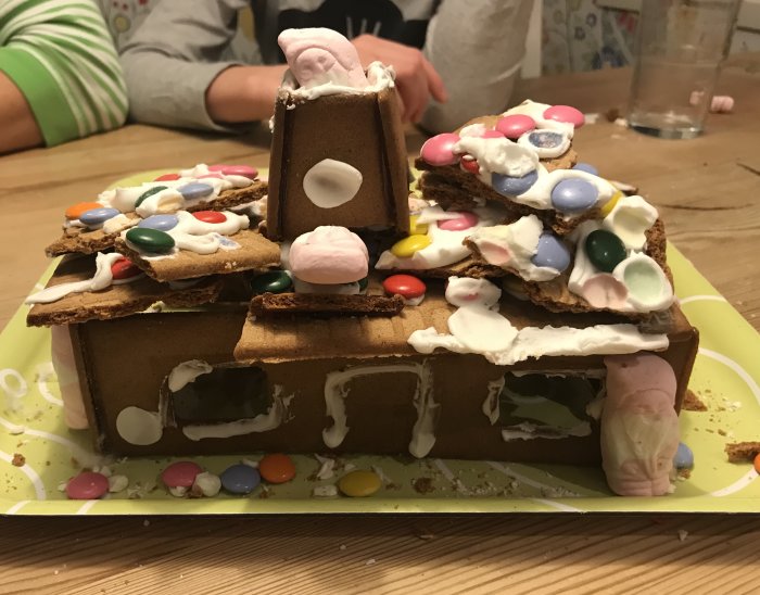 Pepparkakshus dekorerat med godis och glasyr, ser skadat ut, på ett gult fat.