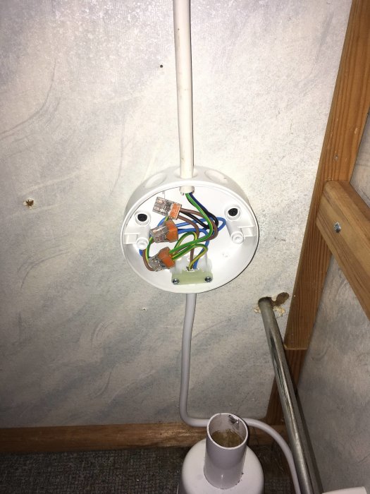 Öppen elektrisk anslutningsdosa med färgkodade kablar och kabelskyddsrör på en vägg, korrekt monterade.