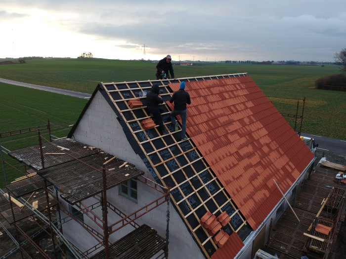 Två arbetare lägger takpannor på ett hus under konstruktion med öppet landskap i bakgrunden.