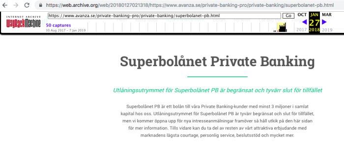 Skärmklipp av Avanzas Superbolån-sida på Wayback Machine som visar att tjänsten är stängd.