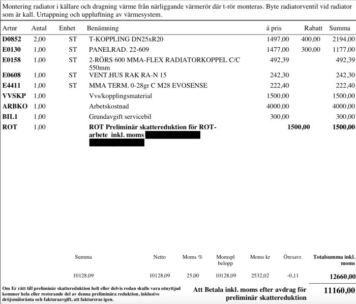 Offert för installation av radiator och byte av ventil med prisspecifikation, ROT-avdrag och totalsumma.