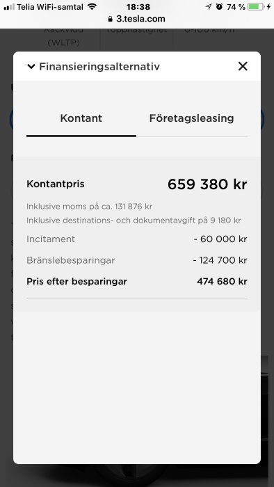 Skärmdump av finansieringsalternativ för ett Tesla-köp med kontantpris och besparingar.