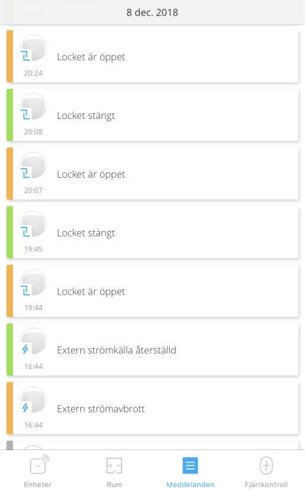 Skärmdump av en logg från ett smart hem-system som visar tidpunkt för när locket är öppet/stängt och extern strömavbrott/återställd.