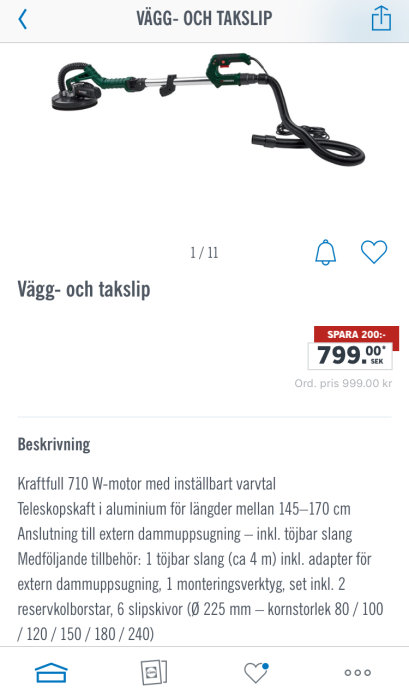 Vägg- och takslip med teleskopskaft och dammuppsugningsslang, prisinformation och produktbeskrivning visas.