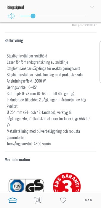 Skärmavbild av en produktsida för en bordsåg med tekniska specifikationer och garantiinformation.