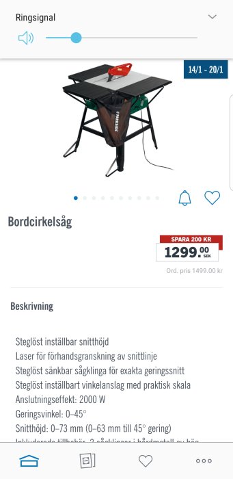 Bordcirkelsåg på stativ med svart och grön design, röd sågdel, och erbjudandepris synligt.