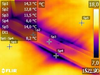 Termografibild som visar temperaturvariationer vid en dörrtröskel med kall luftinläckage.