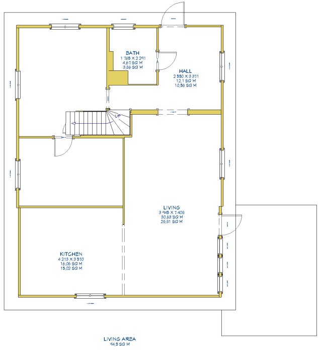 Planritning för ett 1,5-plans hus med utmärkta rum och mått för kök, vardagsrum och badrum.