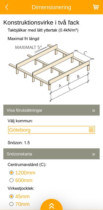 Skiss av takbjälklag med dimensioneringsguiden öppen, snözon 1.5 och val för Göteborg, centrumavstånd, virkestjocklek.