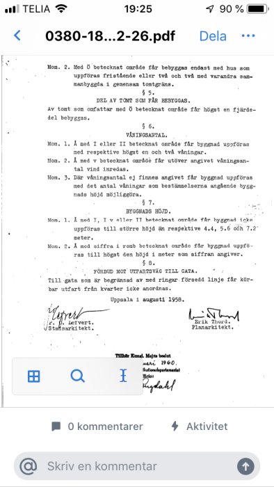 Skärmdump av ett dokument med byggregler och noteringar från Uppsala 1958.