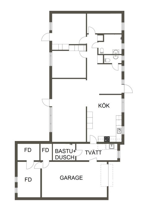 Ritning av husets planlösning med tvättstuga, bastu, dusch och garage markerade.
