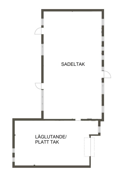 Ritning av hus med angränsande garage, markerade sadeltak och låglutande/platt tak.