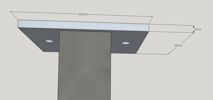 3D-ritning av anpassad pelarfäste med stålpelare och svetsade plåtar med måttangivelser.