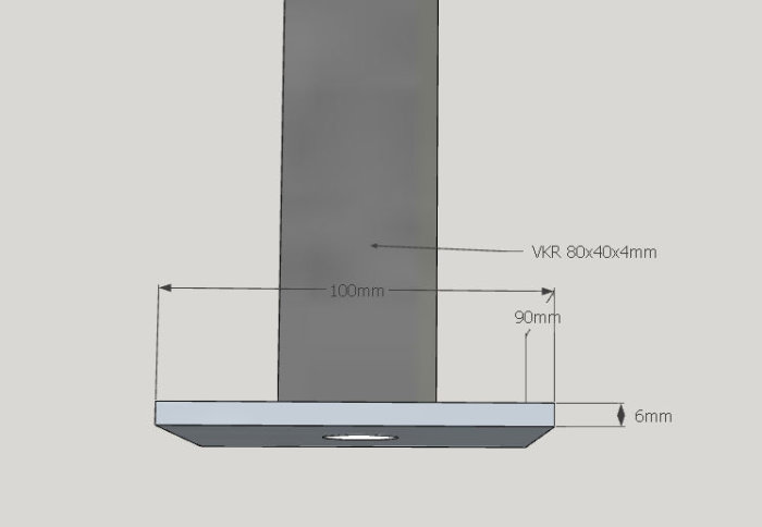 Schematisk bild av en metallpelare och dess bottenplatta med dimensioner, inkluderande VKR 80x40mm och bottenplattans storlek 100x90x6mm.