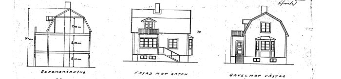 Arkitektskiss av hus med mått och perspektiv, visar fasader och genomskärning för planerad utbyggnad.