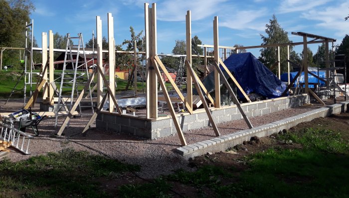 Byggplats med grundmur och påbörjade träkonstruktioner för takstolar, verktyg och byggmaterial synliga.