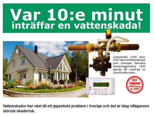 Informationsbild som visar en vattenfelsbrytare, hus med vattenskada och texten 'Var 10:e minut inträffar en vattenskada'. Testvinnarstämpel från 2007.