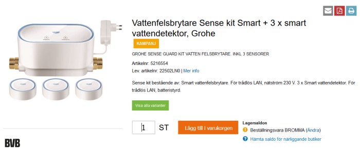 Grohe Sense kit för vattendetektion inklusive en huvudenhet och tre sensorer, visas som en produkt för hemmabruk med pris och kampanjmarkering.