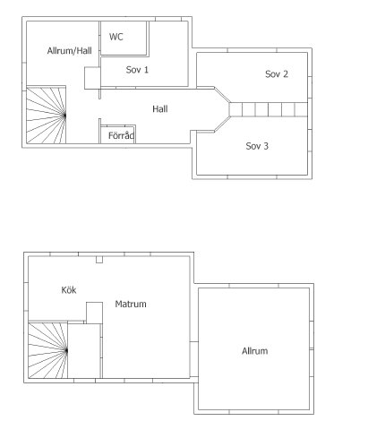 Planritning av ett hus före tillbyggnad inklusive rum som kök, vardagsrum och sovrum.