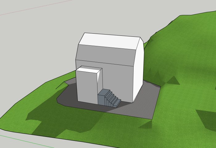 3D-modell av hus i vitt med föreslagen tillbyggnad i ljusgrönt på en gräsbeklädd tomt.