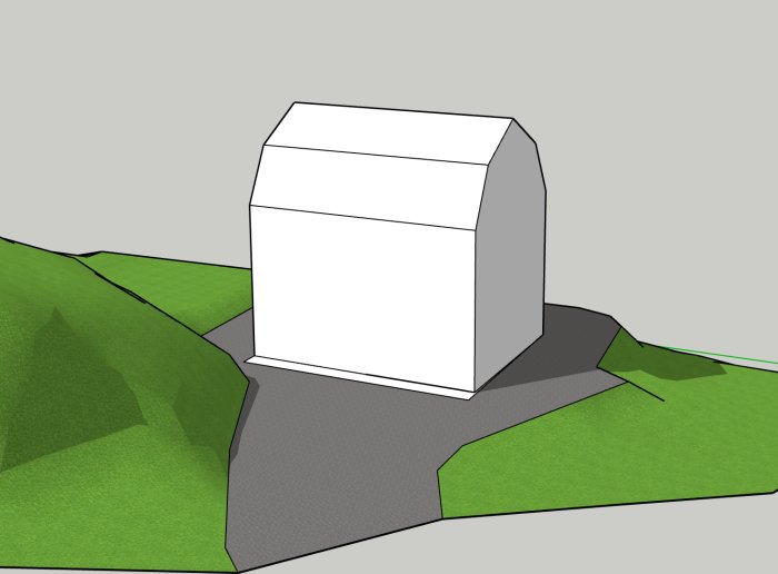 3D-modell av vitt hus med potentiell ljusgrön tillbyggnad presenterad på landskap.