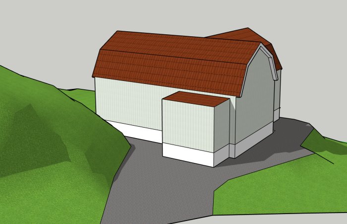 3D-modell av ett hus med rött tak, nuvarande utseende i vitt och tillbyggnad i ljusgrönt.