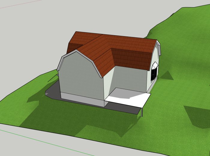 3D-vy över vit husmodell med befintlig struktur och föreslagen ljusgrön tillbyggnad på gräsbevuxen mark.