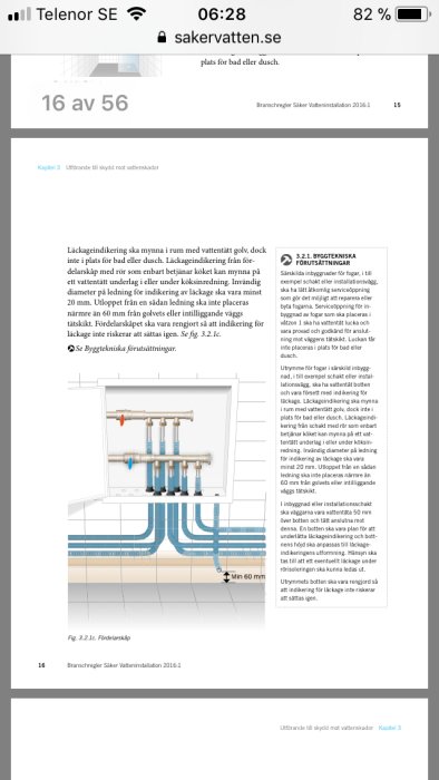 Schema över korrekt installation av rör och golvkonstruktion i våtutrymme enligt branschregler.