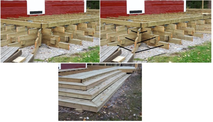 Träkonstruktion av trappa med vang-i-vang lösning och förstärkta kortlingar.