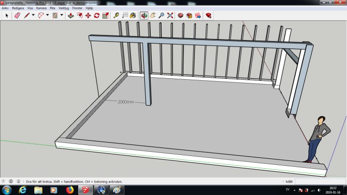 3D-modell av en altan med en pelare i mitten, markerad avståndsmått, och en figur till höger.