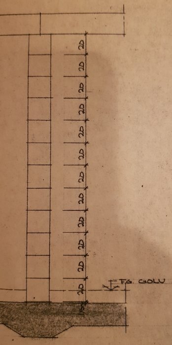 Skiss av avloppsrör i betongplatta med armering, markerade områden för ombyggnad.