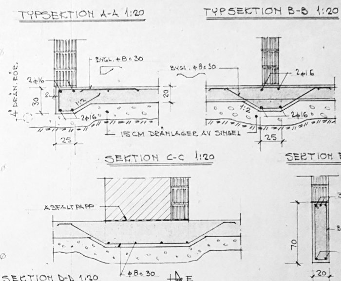 Handritade sektionsskisser för byggkonstruktioner med mått och specifikationer.