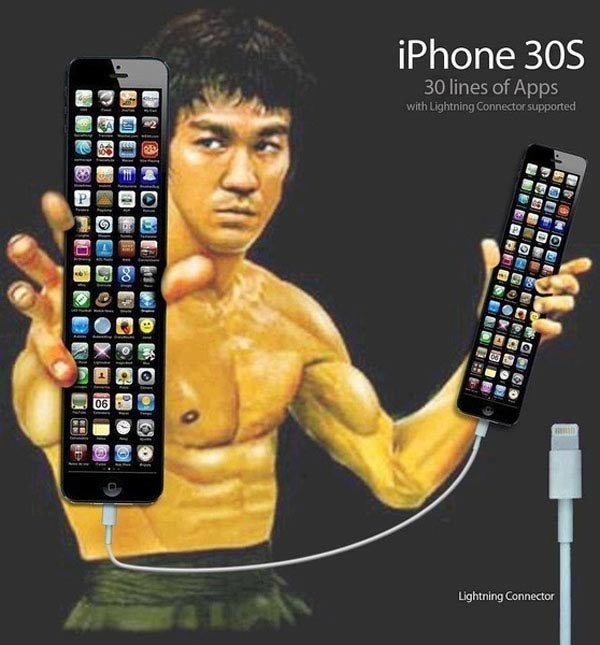 Humoristisk bild av en karikatyr Bruce Lee som håller en överdrivet lång iPhone 30S med många apprader.