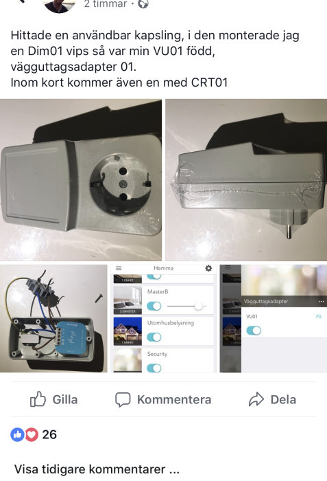 DIY byggprojekt med elektronisk apparat monterad i genomskinlig vägguttagsadapter.