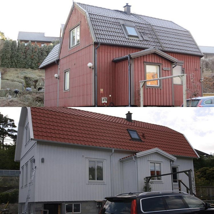 Före- och efterbilder av ett hus, översta bilden husets äldre röda fasad, nedre bilden renoverat med ny grå panel och utbyggnad.