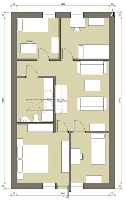 Planlösning av ett hus med centralt placerad trappa, flera sovrum, badrum och möbleringsförslag.