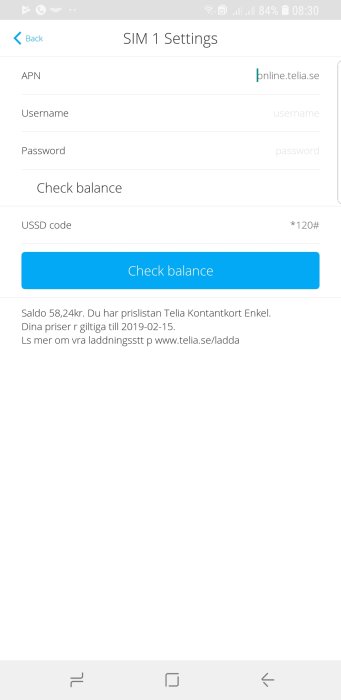 Skärmdump av mobiltelefoninställningar för SIM 1 med APN-information och saldo från Telia kontantkort.