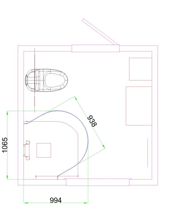 Skiss av ett badrumsplan med mått, en oval badkar och föreslaget utrymme för duschdörrar.