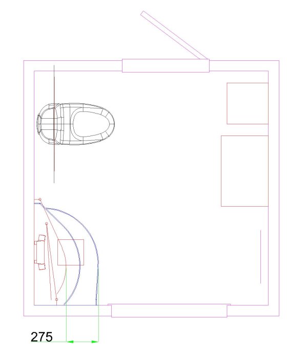 Schematisk skiss av ett badrum med planerade positioner för badkar, duschzon och andra element.