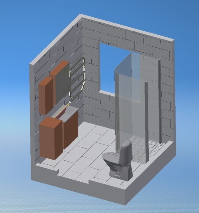 3D-skiss av ett badrum med transparenta duschdörrar, brun inredning och gråa klinkergolv.