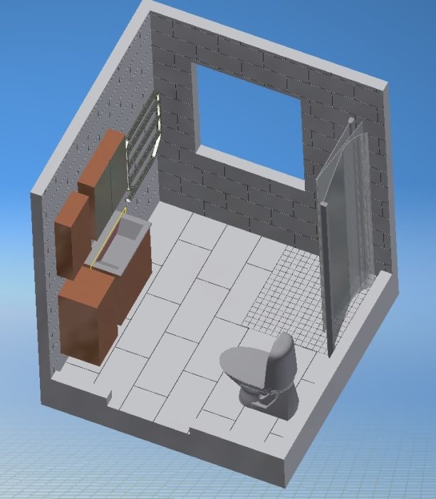 3D-skiss av badrum med gråa väggar, klinkersgolv, duschkabin, badrumsmöbel och toalettstol.