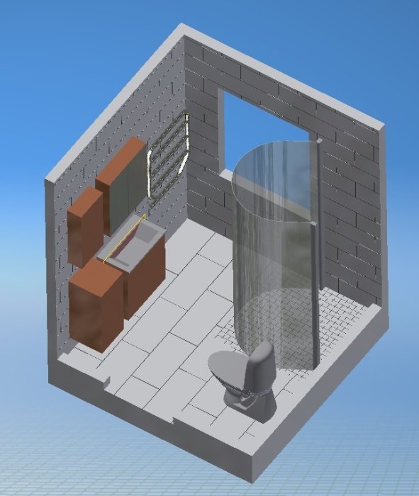 3D-skiss av ett planerat badrum med halvrund duschhörna, dubbla handfat och toilett.