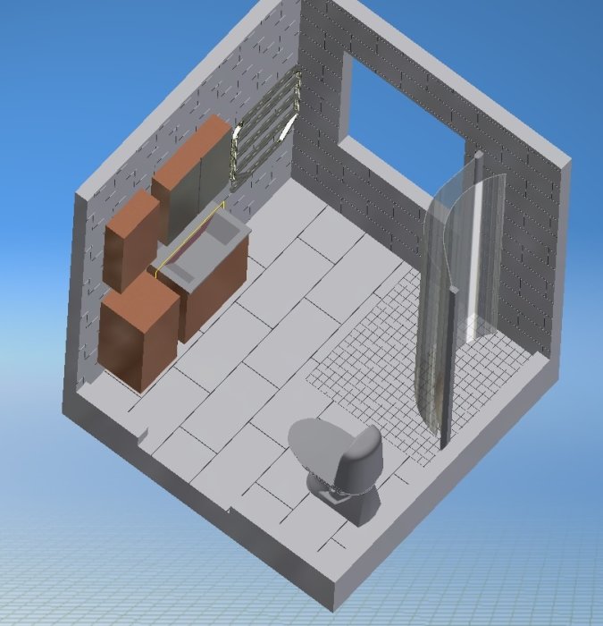 3D-skiss av badrum med halvrund duschhörna, små klinkers i duschområdet och större plattor i resten.