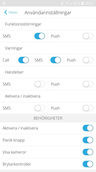 Skärmdump av användarinställningar för varningar och händelser i en smartphone-app.