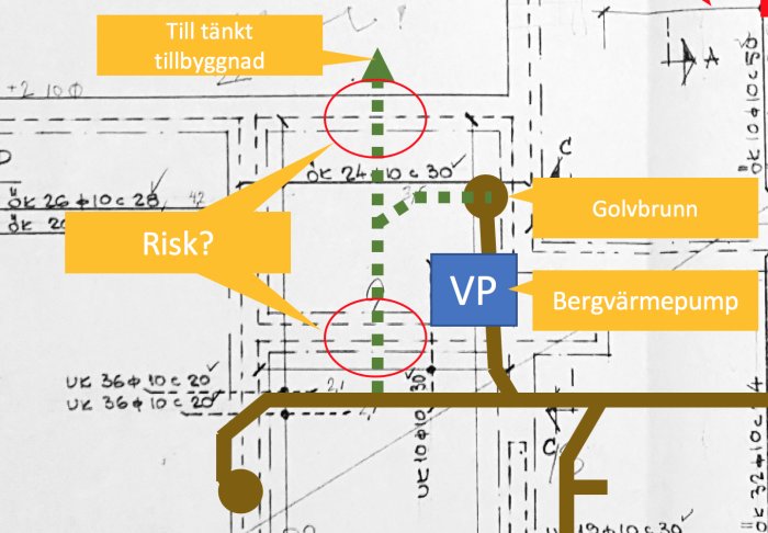Sektionsritning av VVS-installation med markerade armeringsjärn, bergvärmepump och golvbrunn.
