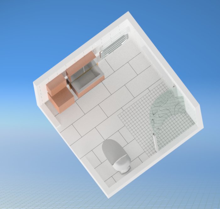 3D-modell av badrum med större klinkerplattor på golvet och små i duschen.